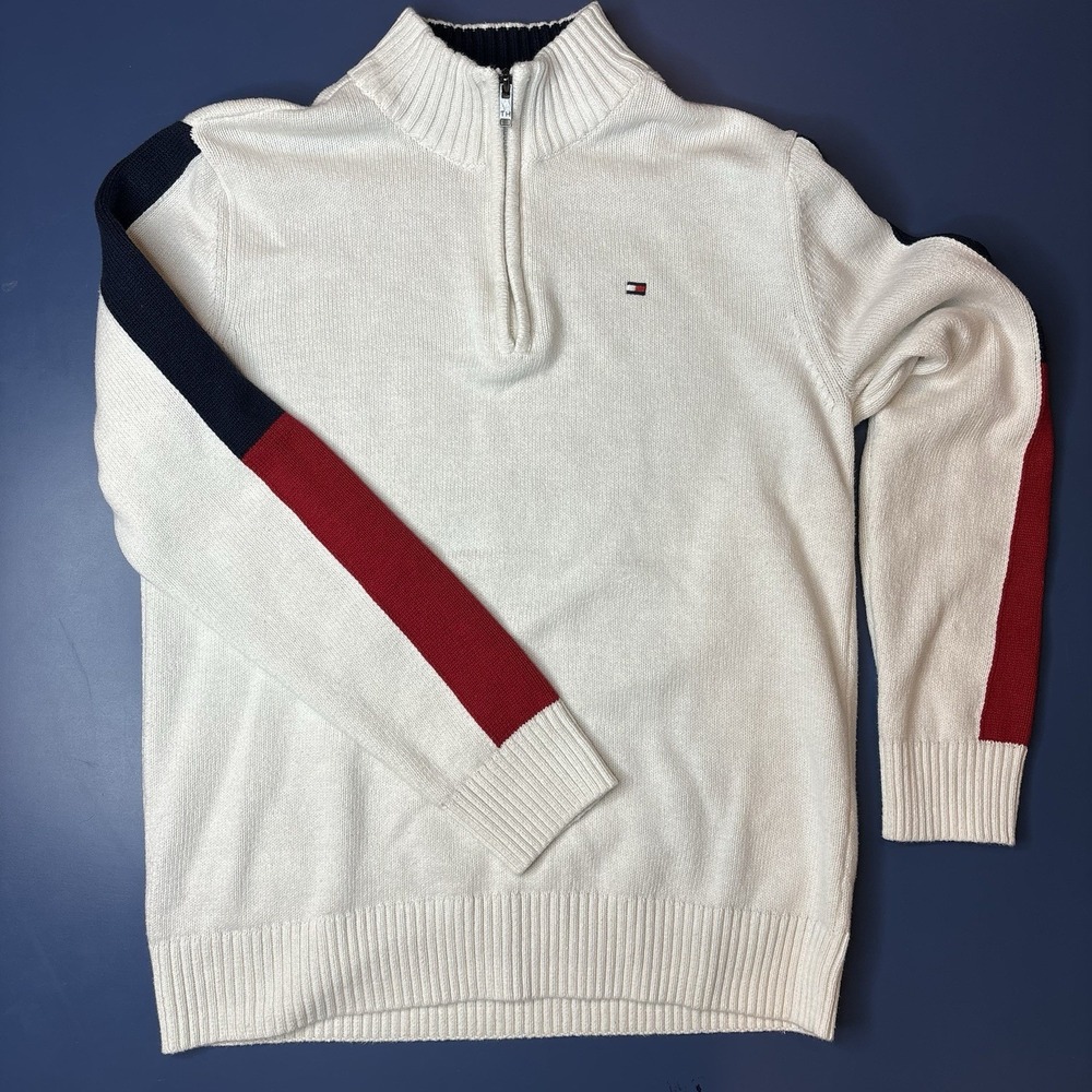 Tommy Hilfiger Sweater Youth Large 16/18 Pullover 1/4 Zip Ivory Preppy 90s Y2K